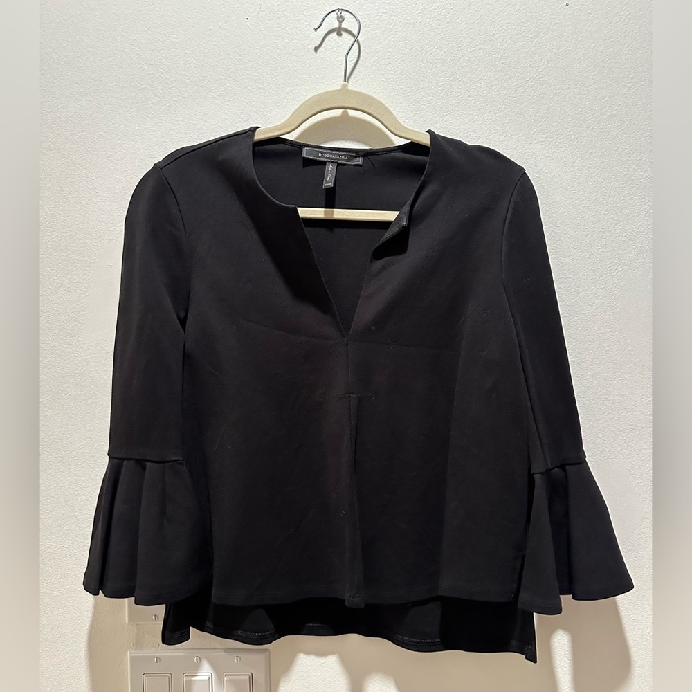 BCBGMaxazria Black Knit Ruffle Sleeve Top